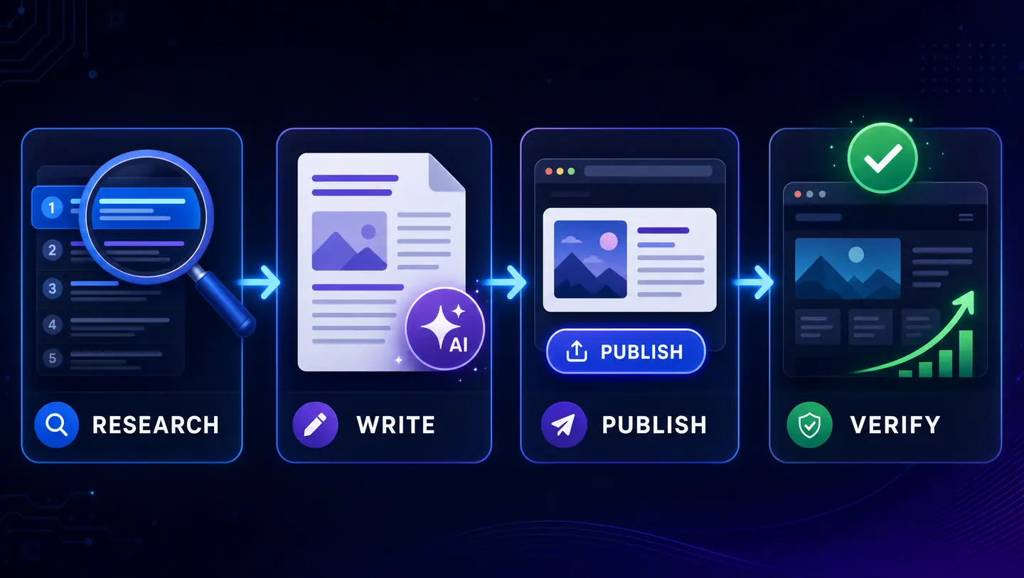 Research, write, publish, verify pipeline
